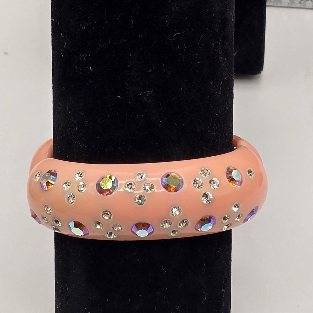 Vintage Weiss Peachy Pink Rhinestone Embellished Hinged Clamper Cuff Bracelet